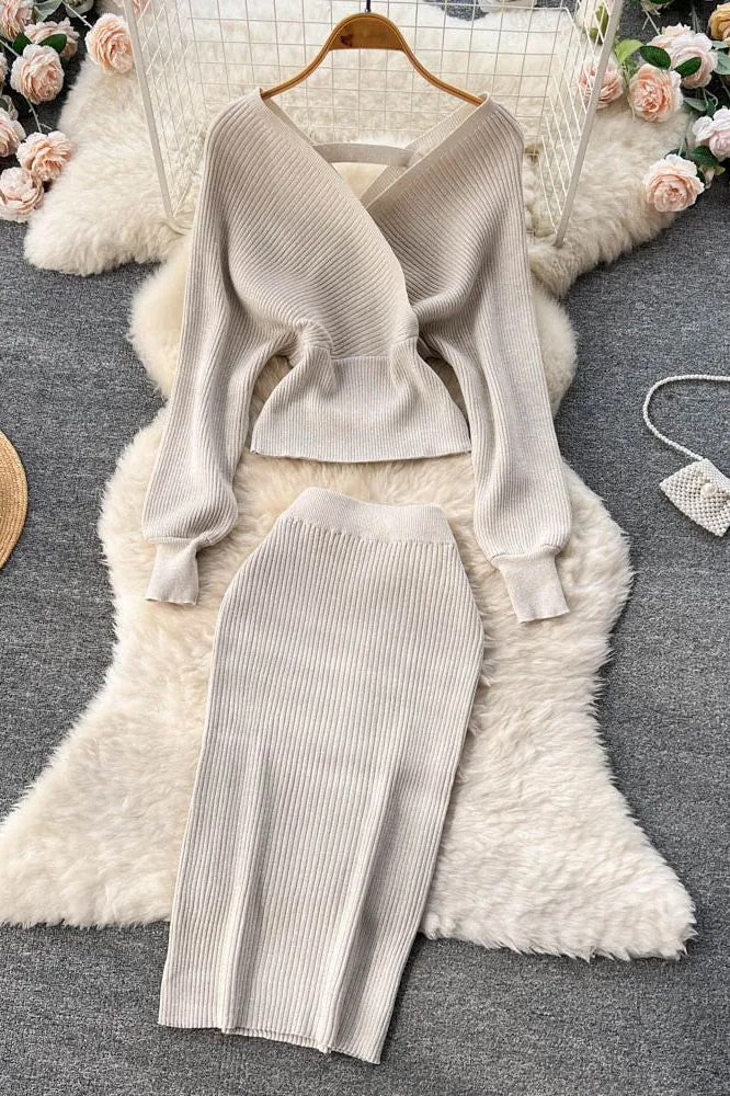 Elegant Batwing Sleeve Knitted Sweater Tops + Skinny Slim High Waist Wrap Hips Skirts Set