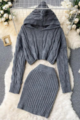 Hooded Sweaters Tops + Skinny High Waist Mini Skirts Two PCS Suits