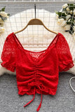 See Through Breathable Tops Drawstring Ruched Short Blouses