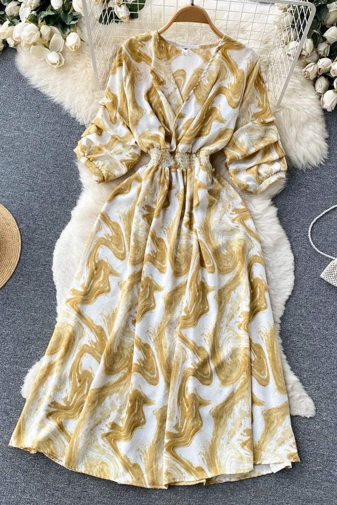 Dress Print Slim Waist Long Dress Vacation Beach Robe Dress