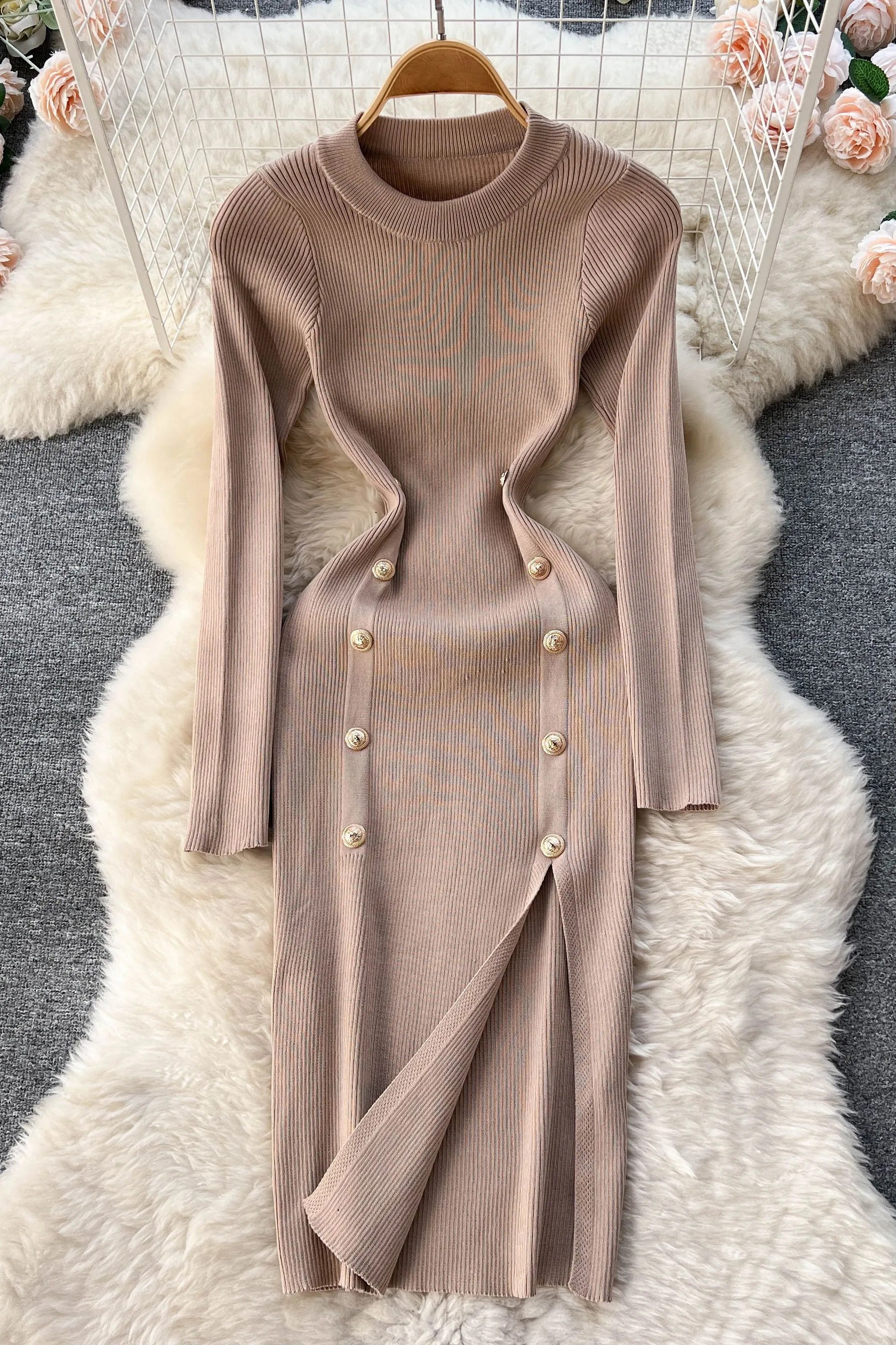 Dress Elegant Double-breasted Split Knitted Wrap Hips Bodycon Dress