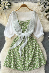 Daisy Flower Print Two Piece Set Dress Strap Vacation Short Dress and Shawl