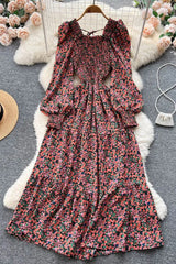 Elegant Flower Print Long Dress Vintage Square Collar Puff Sleeve Party Dress