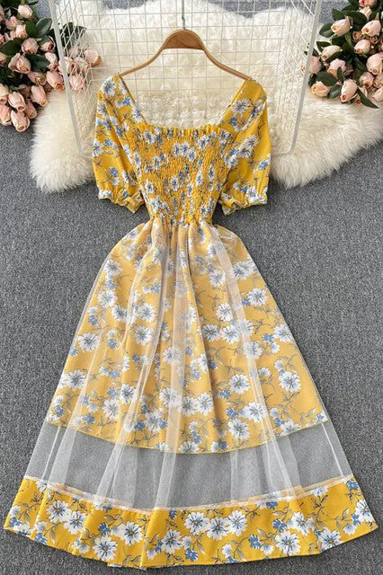 Daisy Flower Print Patchwork Mesh Dress Two Layers Elegant Vacation Midi Dress