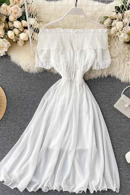 Dress Off Shoulder Chiffon Dress Solid Vestidos Short Puff Sleeve Ruffles Holiday Dress