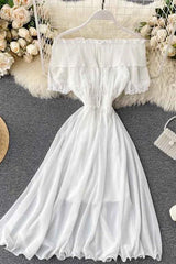 Dress Off Shoulder Chiffon Dress Solid Vestidos Short Puff Sleeve Ruffles Holiday Dress
