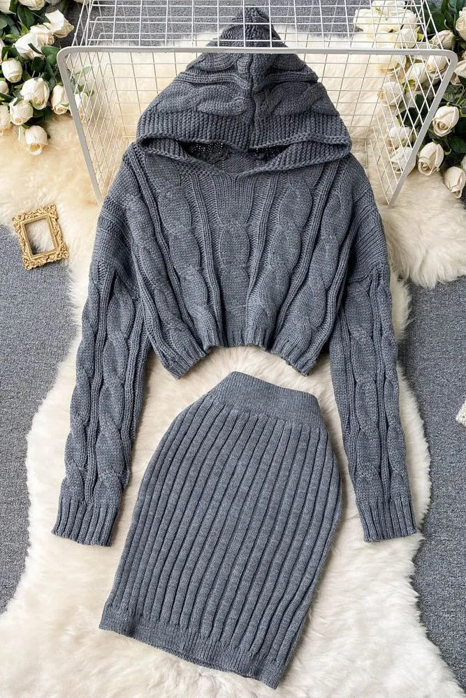 Hooded Sweaters Tops + Skinny High Waist Mini Skirts Two PCS Suits