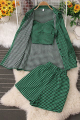 Long Sleeve Plaid Shirt Strap Vest Tank Top Shorts Set Three-Piece