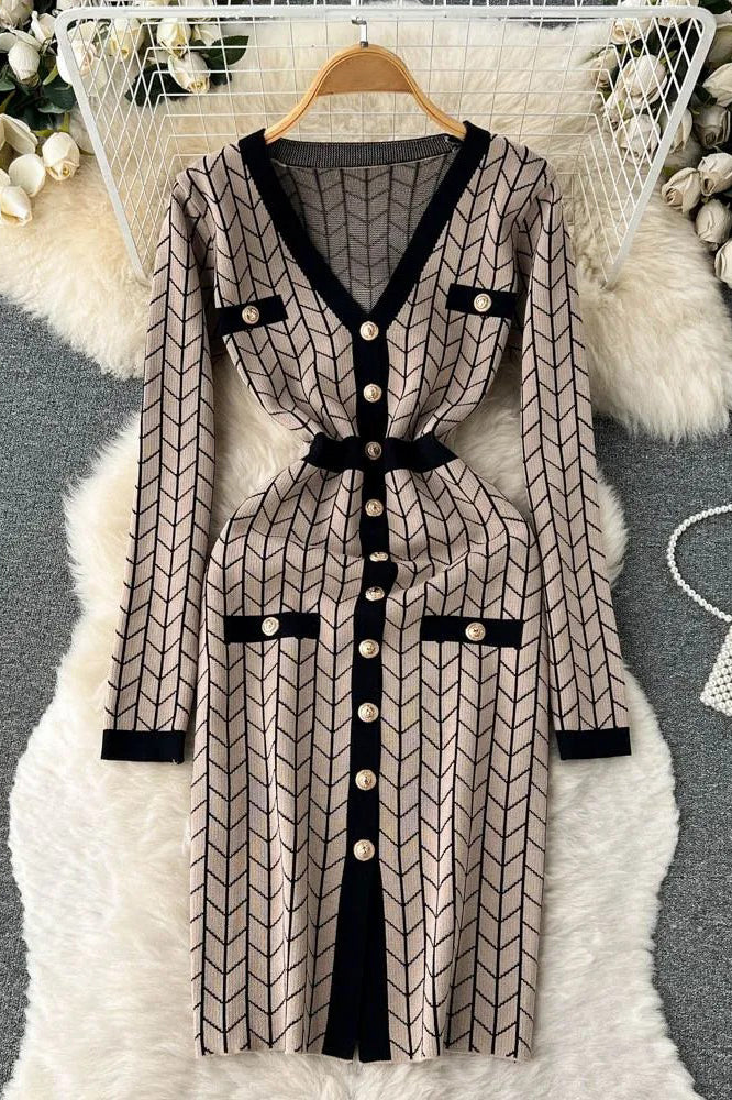 Dress V-neck Buttons Split Knitted Sweater Dress