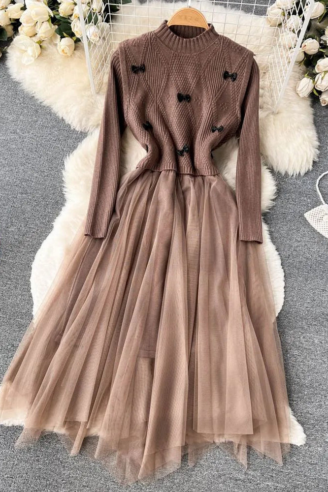 Elegant Lace Patchwork Knitted Sweater Dress Retro Bow Vest + Long Dress 2PCS