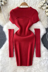 Hollow Out Short Sleeve Knitted Mini Dress with Cuffs Two Piece