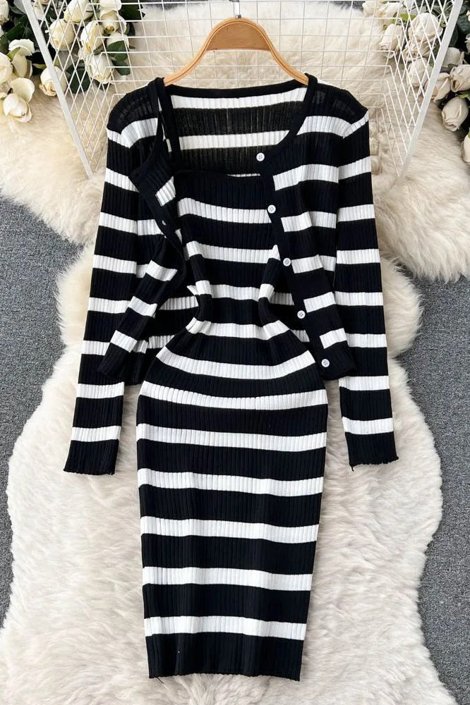 Elegant Dress Sets Knitted Cardigans + Slim Spaghetti Strap Dress Lady Two Piece Suits
