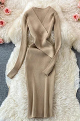 Dress Elegant Cross V-neck Slim Waist Knitted Bodycon Dress