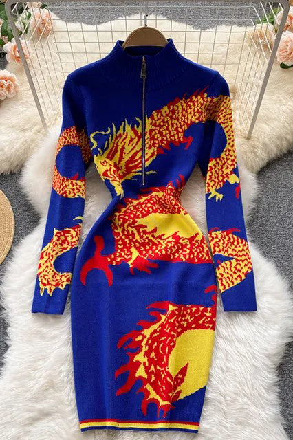 Dragon Pattern Long Sleeve Knitted Dress Harajuku Zipper Fly Collar Bodycon Dress
