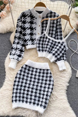 Knitted Camis Tops + Long Sleeve Cardigans + Skinny High Waist Mini Skirts Suits Three Piece Sets