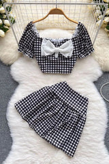 Sweet Bow Plaid Crop Tops + Slim High Waist Mini Skirts Two Piece Suits