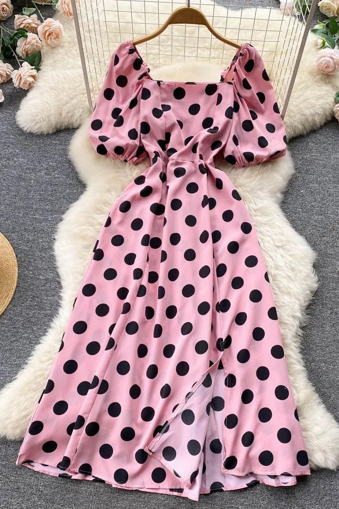 Big Polka Dot Long Dress Elegant Puff Sleeve Split Big Hem Dress