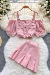 Off Shoulder Straps Short Tops + Pleated Mini Skirts Two Piece Suits