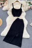 Hollow Out Two Piece Set Dress Vacation Short Tank Tops + High Waist Split Skirts Suits