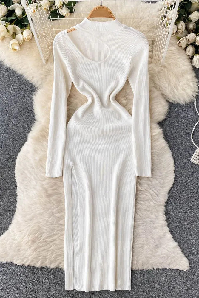 Dress Long Sleeve Slim Knitted Sweater Dress Hollow Out High Split Long Dress