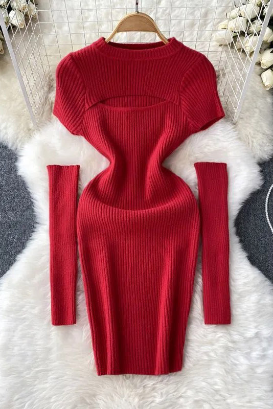 Hollow Out Short Sleeve Knitted Mini Dress with Cuffs Two Piece
