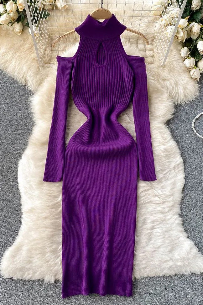Off Shoulders Long Sleeve Dress Bodycon Knitted Sweater Dress