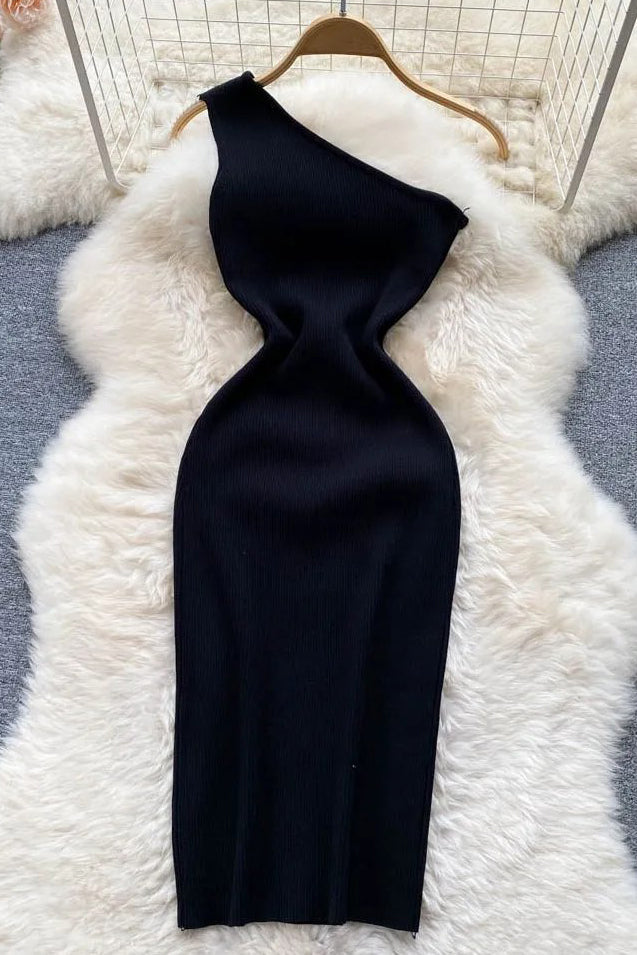 Dress One Shoulder Knitted Bodycon Dress Office Lady Outfits Elegant Dress