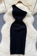 Dress One Shoulder Knitted Bodycon Dress Office Lady Outfits Elegant Dress