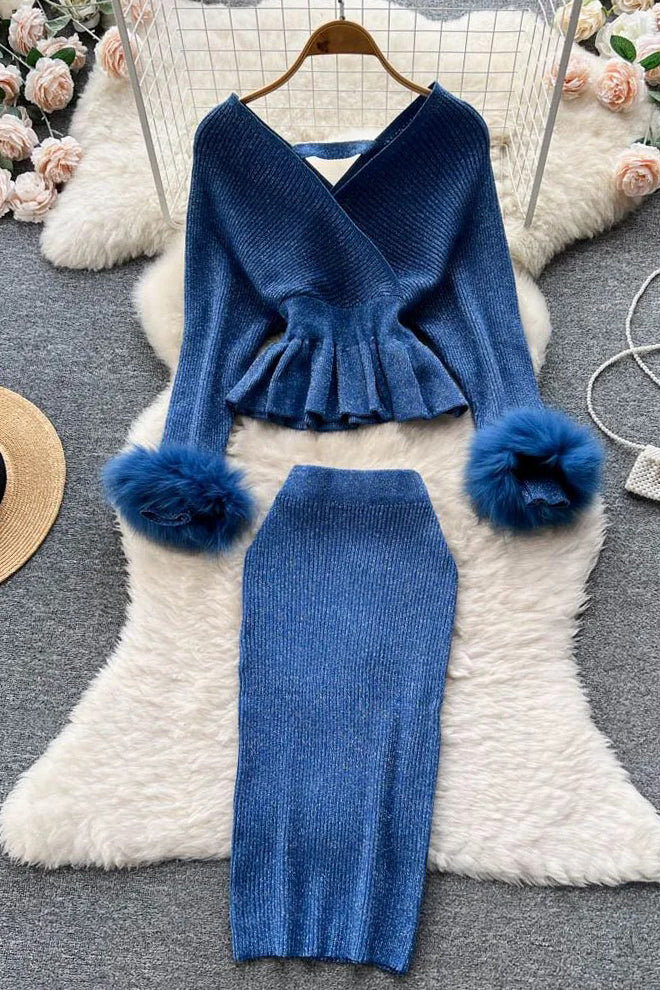 Elegant Shining Knitted Ruffled Sweater and Skinny High Waist Skirts Two Piece Suits