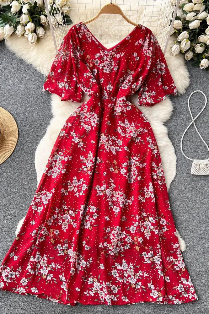 Dress Romantic Floral Print Long Chiffon Dress