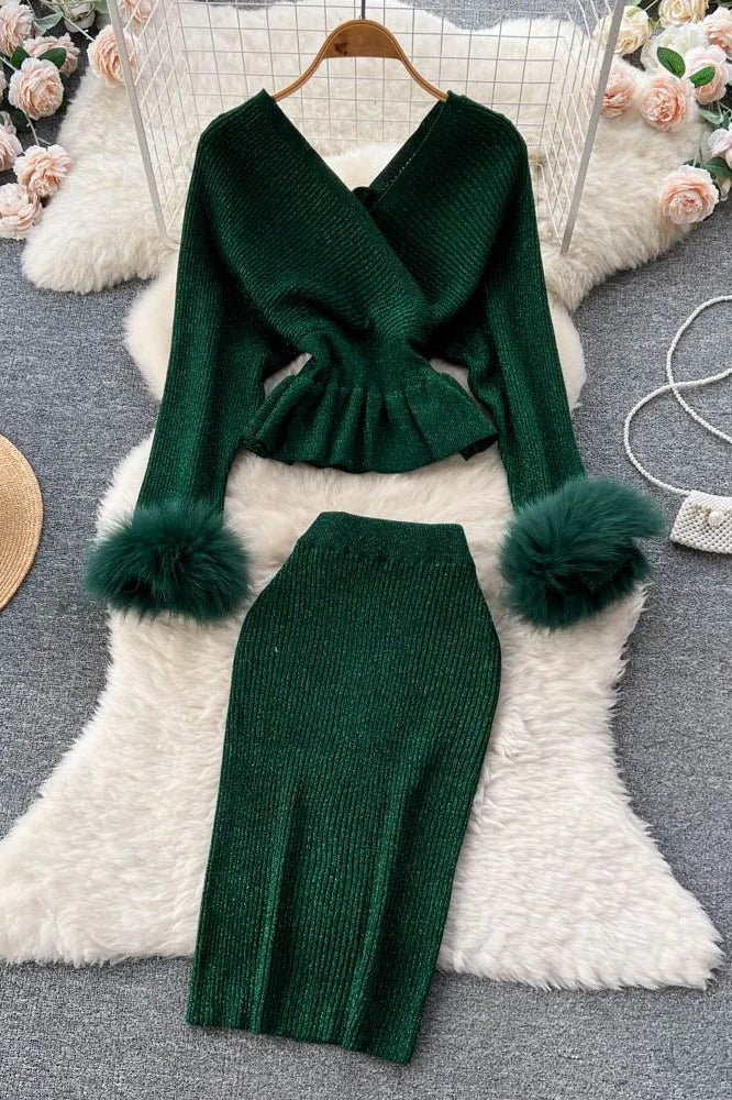 Elegant Shining Knitted Ruffled Sweater and Skinny High Waist Skirts Two Piece Suits