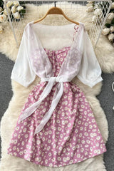 Daisy Flower Print Two Piece Set Dress Strap Vacation Short Dress and Shawl