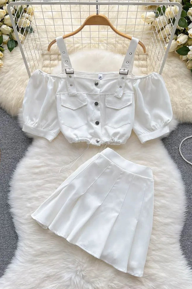 Off Shoulder Straps Short Tops + Pleated Mini Skirts Two Piece Suits
