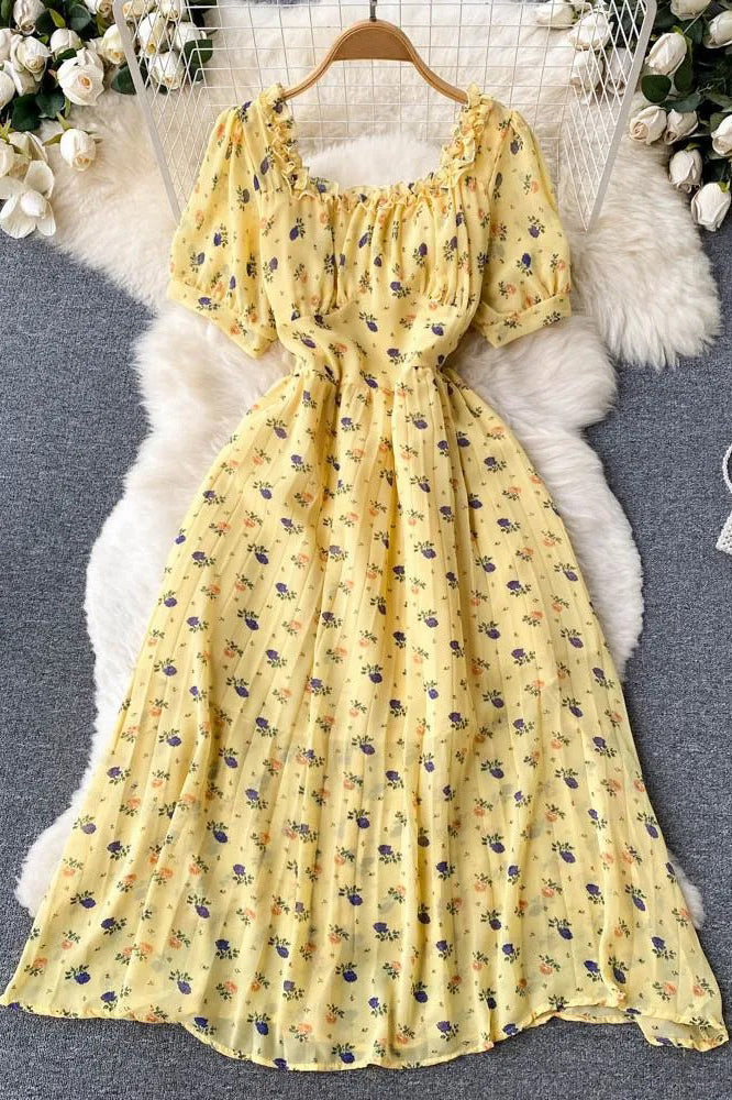 Dress Romantic Floral Print Square Collar Ruffles Pleated Dress Long Sundress