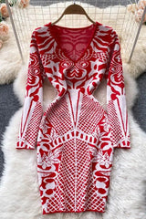 Long Sleeve Package Hips Mini Dress Ladies Knitted Dress