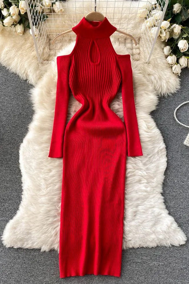 Off Shoulders Long Sleeve Dress Bodycon Knitted Sweater Dress
