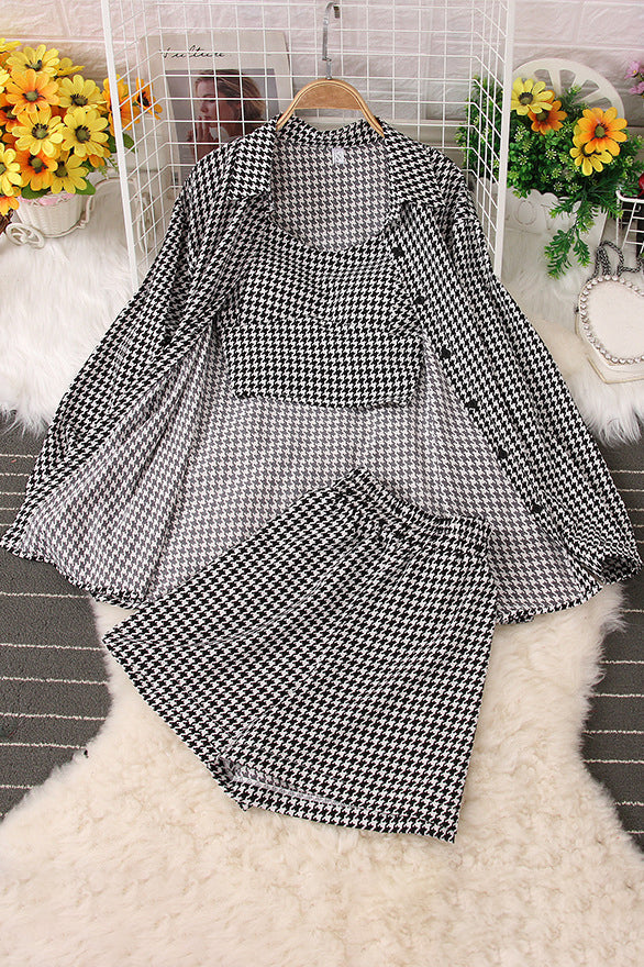 Long Sleeve Plaid Shirt Strap Vest Tank Top Shorts Set Three-Piece