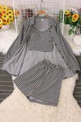 Long Sleeve Plaid Shirt Strap Vest Tank Top Shorts Set Three-Piece