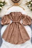 Off Shoulder Puff Sleeve Mini Dress Lace-up Dress