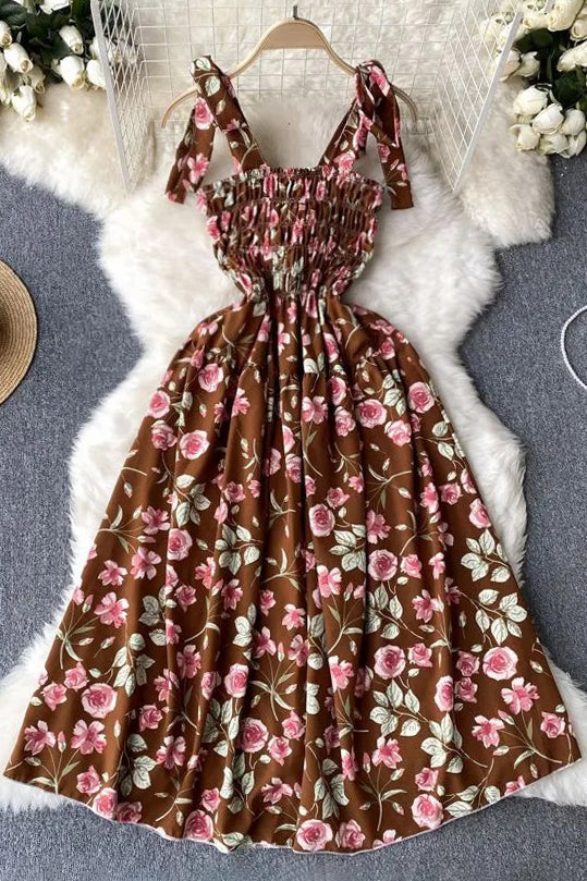 Romantic Floral Print Bandage Straps Dress Vacation Beach Long Dress