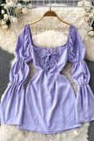 Bandage Mini Dress Long Puff Sleeve Elegant Gothic High Waist Party Dress