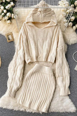 Hooded Sweaters Tops + Skinny High Waist Mini Skirts Two PCS Suits