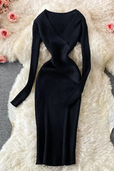 Dress Elegant Cross V-neck Slim Waist Knitted Bodycon Dress