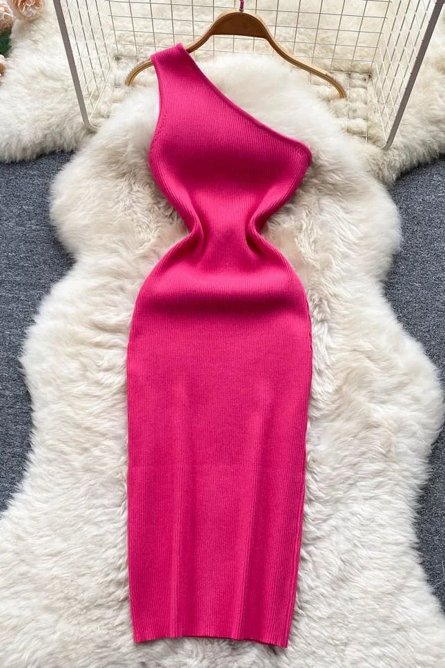Dress One Shoulder Knitted Bodycon Dress Office Lady Outfits Elegant Dress