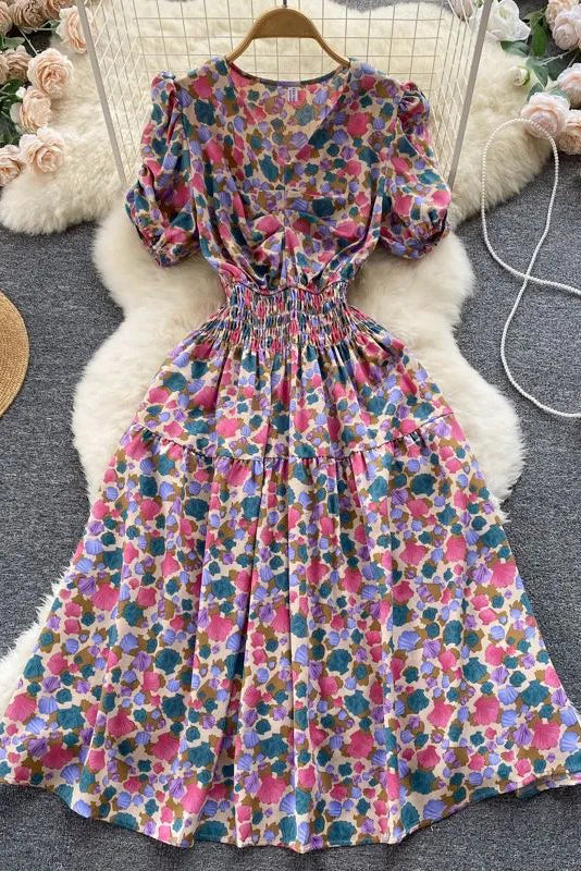 Dress Slim Elastic Waist Corset Floral Print Long Dress