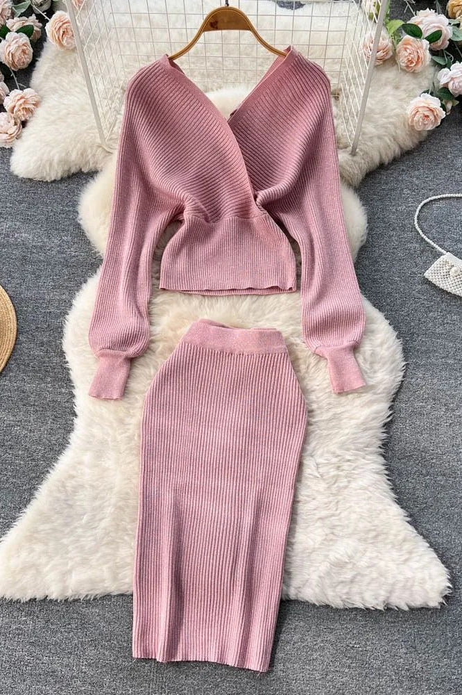 Elegant Batwing Sleeve Knitted Sweater Tops + Skinny Slim High Waist Wrap Hips Skirts Set