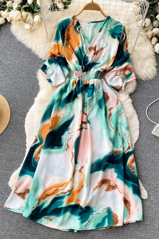 Dress Print Slim Waist Long Dress Vacation Beach Robe Dress