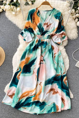 Dress Print Slim Waist Long Dress Vacation Beach Robe Dress