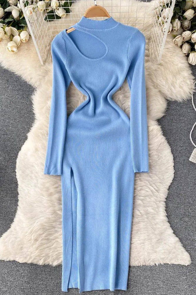 Dress Long Sleeve Slim Knitted Sweater Dress Hollow Out High Split Long Dress