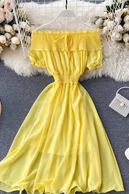 Dress Off Shoulder Chiffon Dress Solid Vestidos Short Puff Sleeve Ruffles Holiday Dress